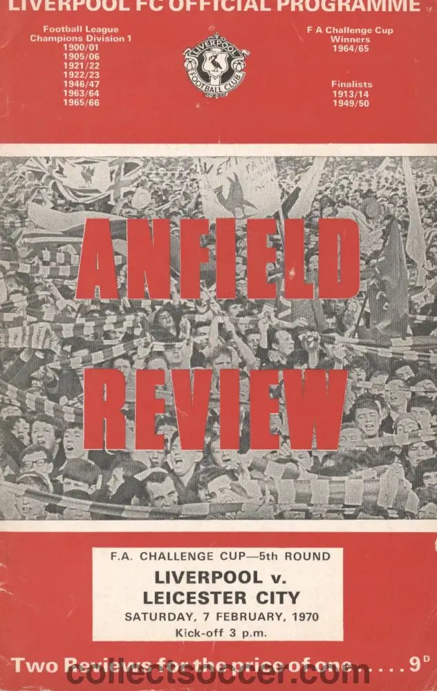 1970 - Liverpool v Leicester City FA Cup 5th Round official programme 07/02/1970 - Collect Soccer