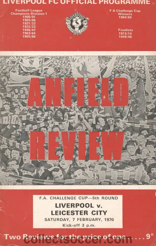 1970 - Liverpool v Leicester City FA Cup 5th Round official programme 07/02/1970 - Collect Soccer