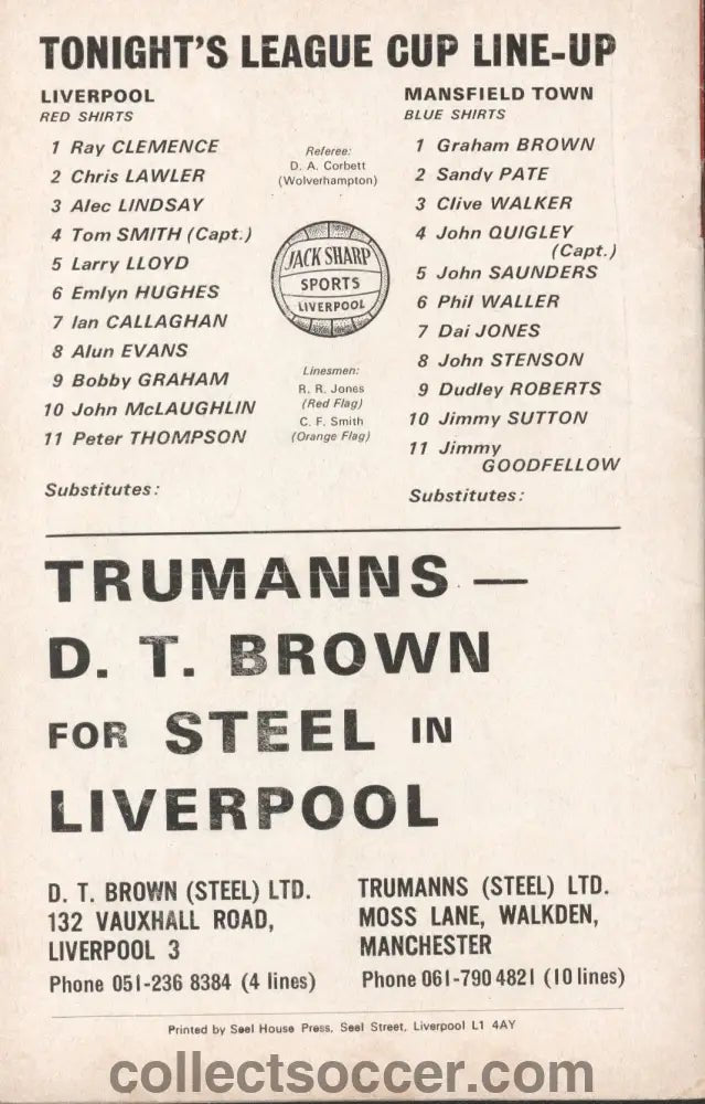 1970 - Liverpool v Mansfield Town League Cup 2nd Round Replay official programme 22/09/1970 - Collect Soccer