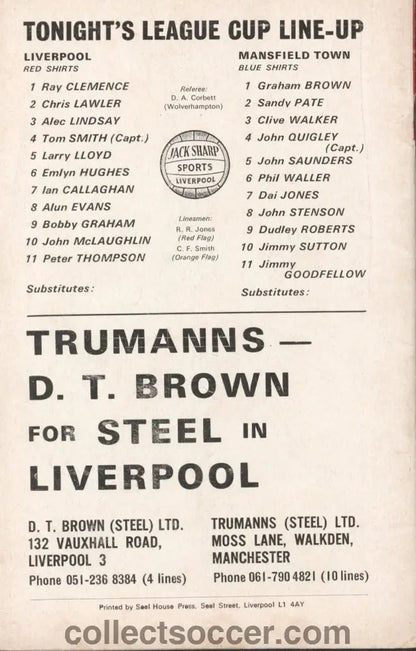1970 - Liverpool v Mansfield Town League Cup 2nd Round Replay official programme 22/09/1970 - Collect Soccer