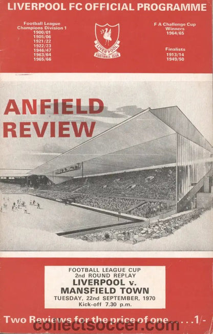 1970 - Liverpool v Mansfield Town League Cup 2nd Round Replay official programme 22/09/1970 - Collect Soccer