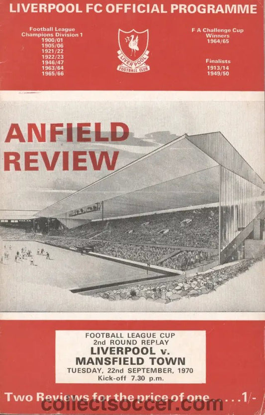 1970 - Liverpool v Mansfield Town League Cup 2nd Round Replay official programme 22/09/1970 - Collect Soccer