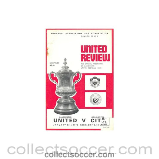 1970 - Manchester United v Manchester City official programme 24/01/1970, token cut, half price - Collect Soccer