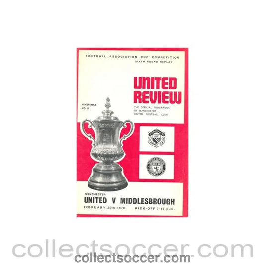 1970 - Manchester United v Middlesbrough official programme 25/02/1970 token cut, half price - Collect Soccer