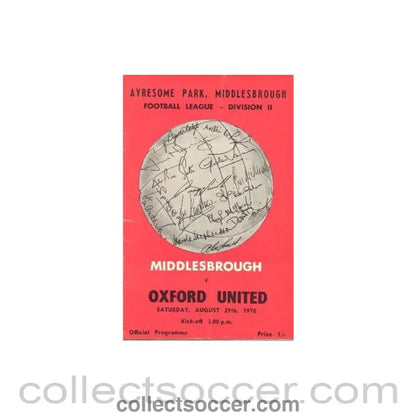 1970 - Middlesbrough v Oxford United official programme 29/08/1970 Football League - Collect Soccer