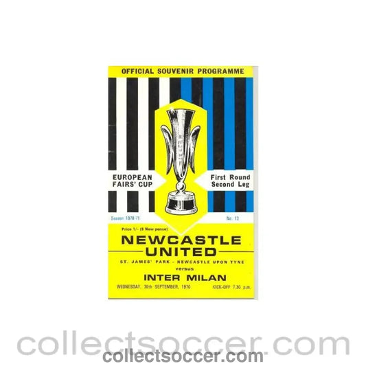 1970 Newcastle United v Inter Milan European Fairs’ Cup First Round Second Leg official programme 30/09/1970