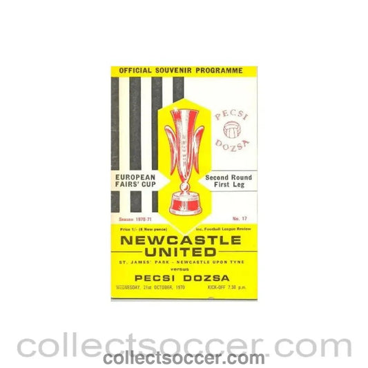 1970 - Newcastle United v Pesci Dozsa European Fairs Cup Second Round First Leg official programme 21/10/1970 - Collect Soccer