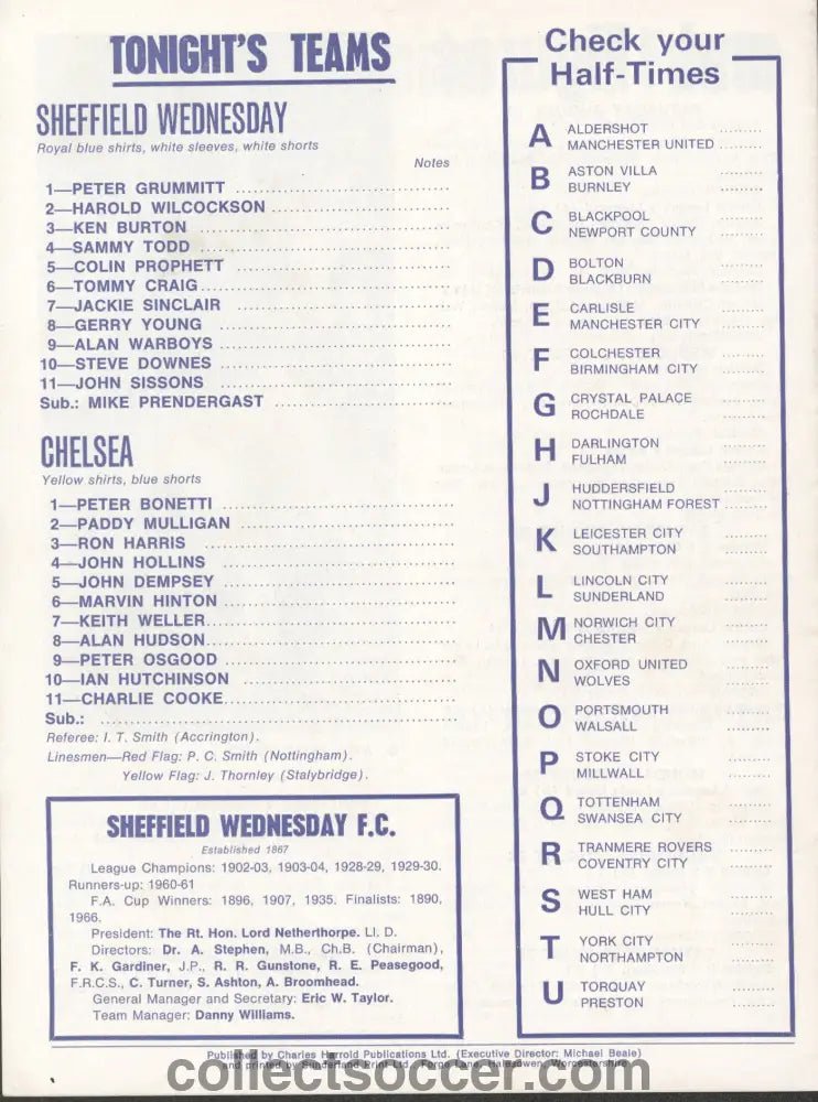 1970 Sheffield Wednesday v Chelsea 2nd Round Footbal League Cup Official Programme 09/09/1970 - Collect Soccer