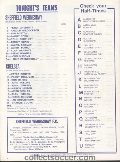 1970 Sheffield Wednesday v Chelsea 2nd Round Footbal League Cup Official Programme 09/09/1970 - Collect Soccer