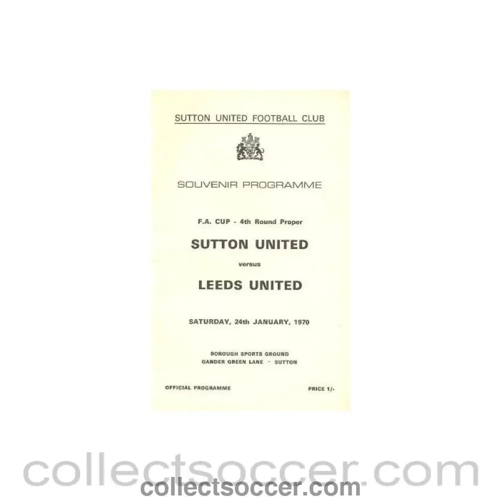 1970 - Sutton United v Leeds United official programme 24/01/1970 - Collect Soccer