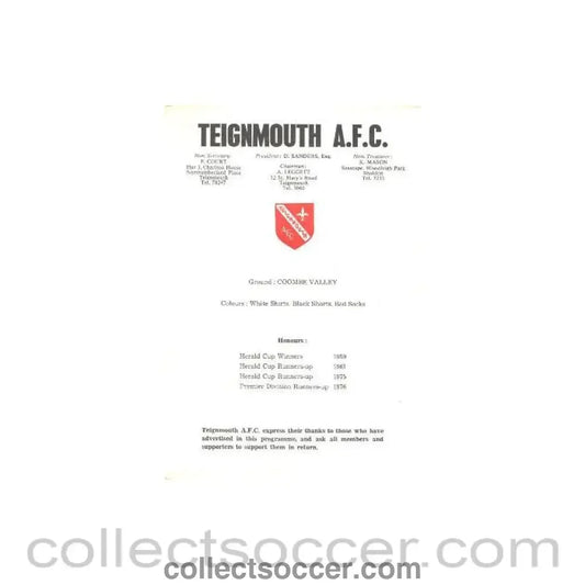 1970 - Teignmouth v W.W.B. official programme probably 1970's - Collect Soccer