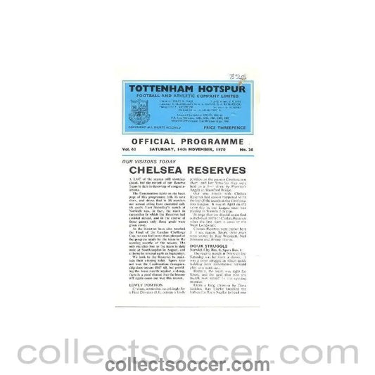 1970 - Tottenham Hotspur Reserves vChelsea Reserves official programme 14/11/1970 - Collect Soccer