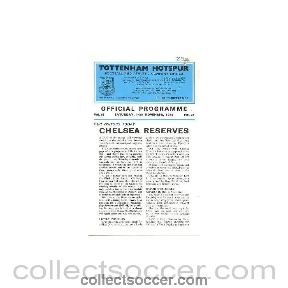 1970 - Tottenham Hotspur Reserves vChelsea Reserves official programme 14/11/1970 - Collect Soccer