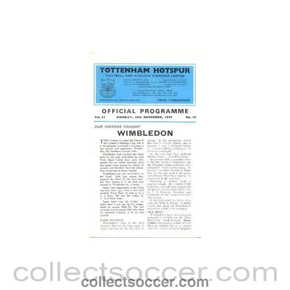 1970 - Tottenham Hotspur v Wimbledon official programme 30/11/1970 - Collect Soccer