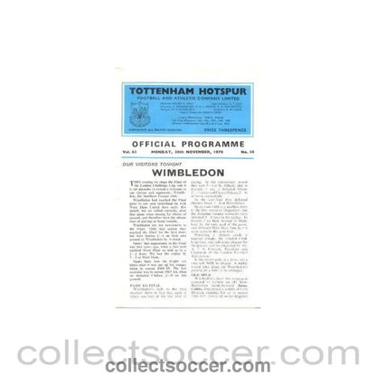 1970 - Tottenham Hotspur v Wimbledon official programme 30/11/1970 - Collect Soccer
