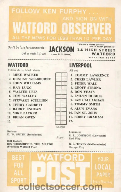 1970 - Watford v Liverpool FA Cup 6th Round official programme 21/02/1970 - Collect Soccer