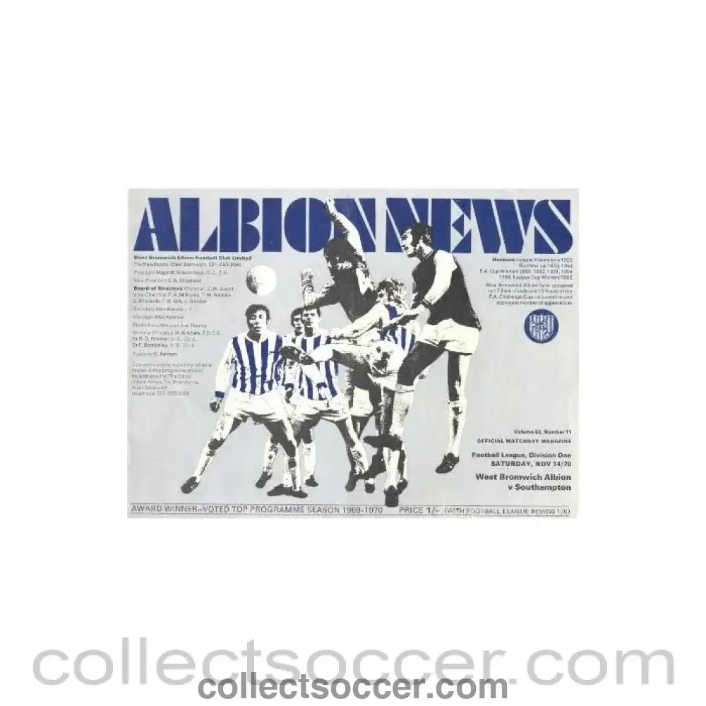 1970 - West Bromwich Albion v Southampton official programme 14/11/1970 Football League - Collect Soccer