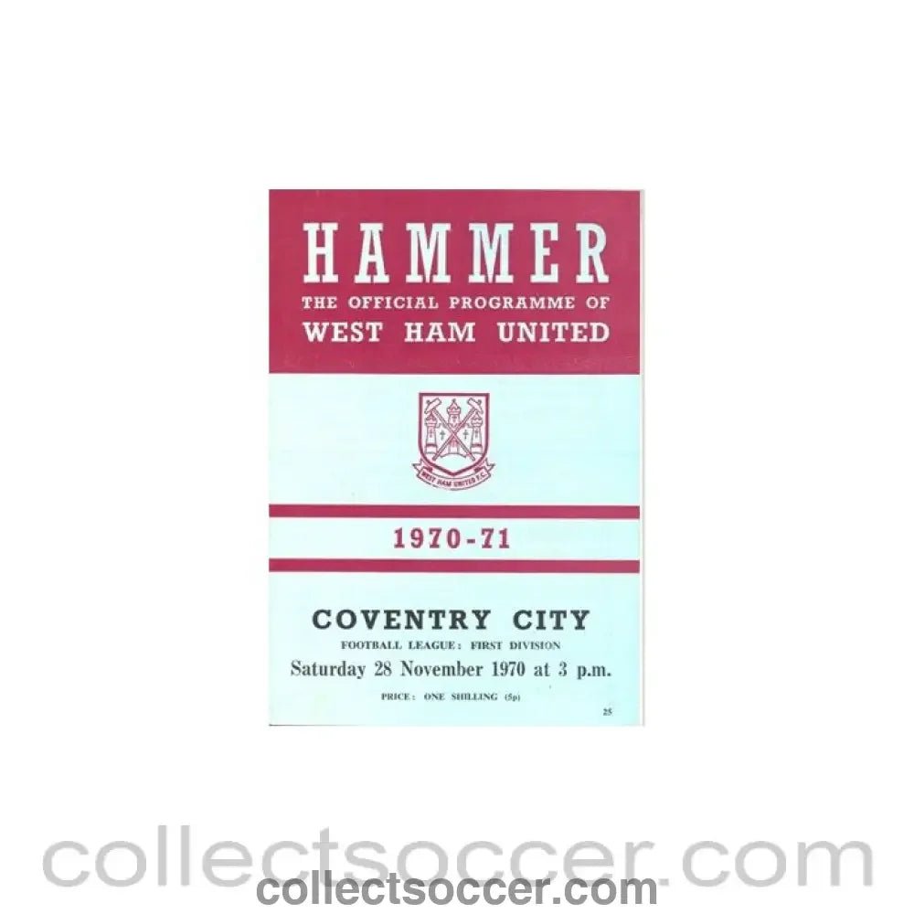 1970 - West Ham United v Coventry City official programme 28/11/1970 - Collect Soccer