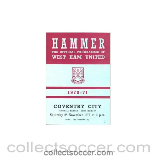 1970 - West Ham United v Coventry City official programme 28/11/1970 - Collect Soccer
