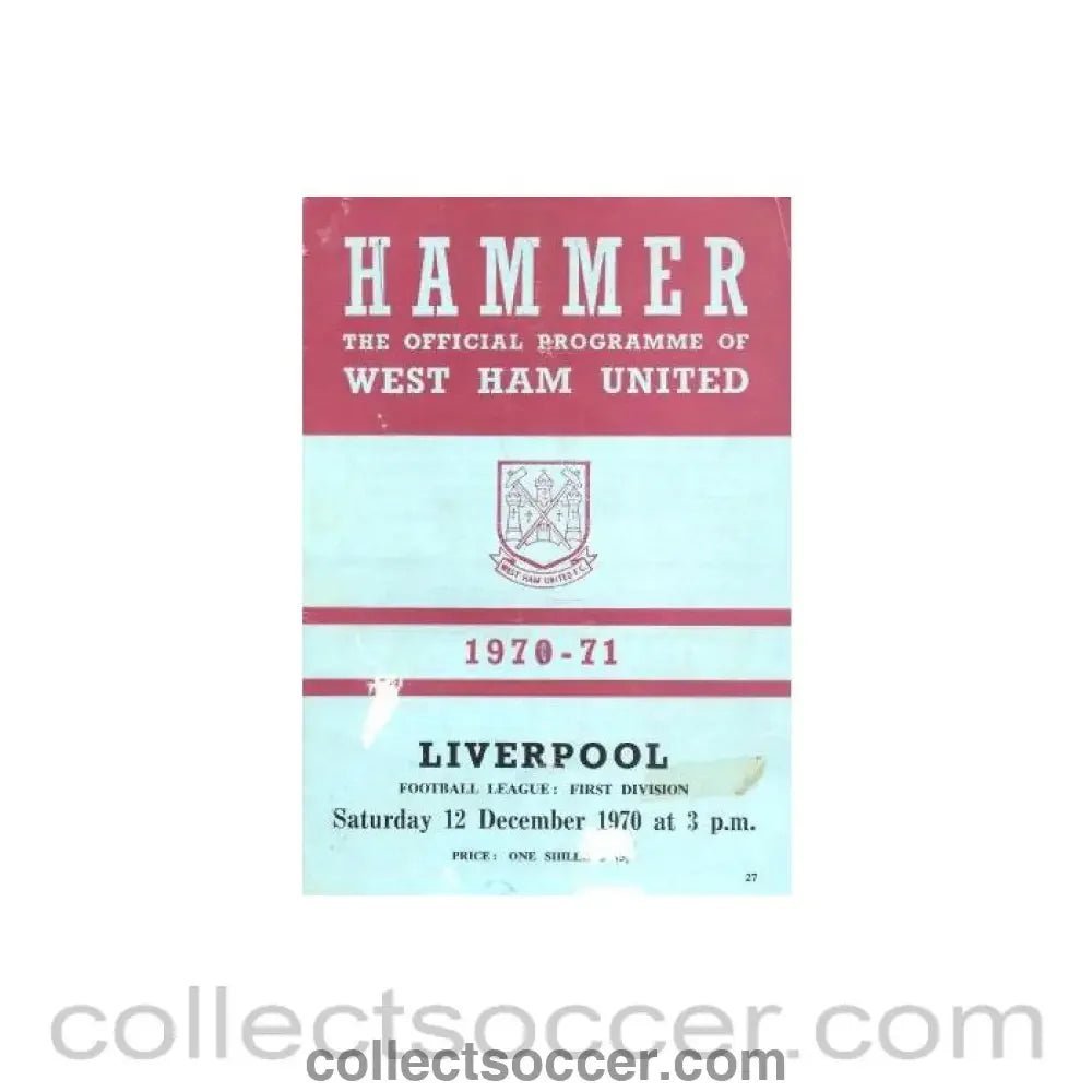 1970 - West Ham United v Liverpool official programme 12/12/1970 - Collect Soccer