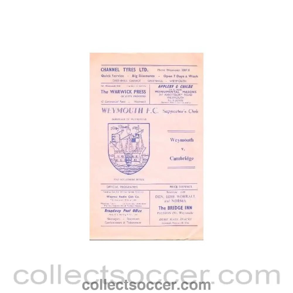 1970 - Weymouth v Cambridge official programme 06/03/1970 - Collect Soccer
