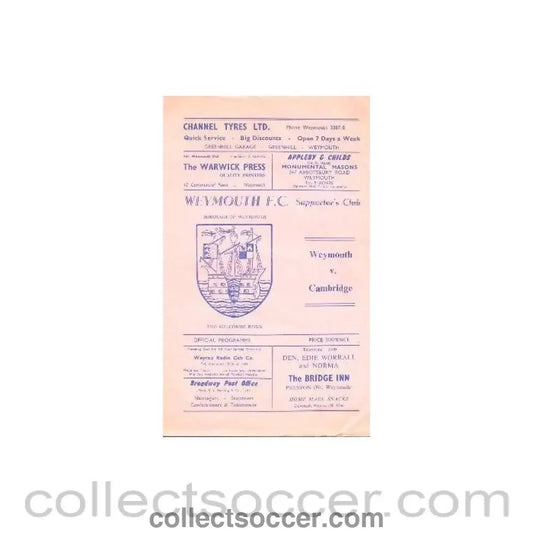 1970 - Weymouth v Cambridge official programme 06/03/1970 - Collect Soccer