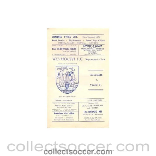 1970 - Weymouth v Yeovil Town official programme 27/03/1970 - Collect Soccer
