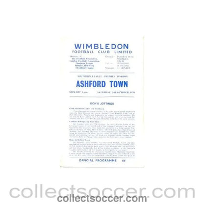 1970 - Wimbledon v Ashford official programme 24/10/1970 - Collect Soccer