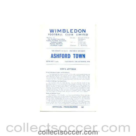 1970 - Wimbledon v Ashford official programme 24/10/1970 - Collect Soccer