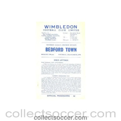 1970 - Wimbledon v Bedford Town official programme 17/10/1970 - Collect Soccer
