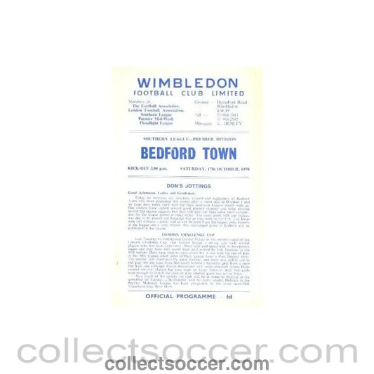 1970 - Wimbledon v Bedford Town official programme 17/10/1970 - Collect Soccer