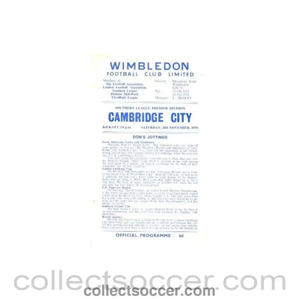 1970 - Wimbledon v Cambridge City official programme 28.11.1970 - Collect Soccer