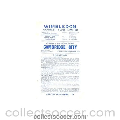 1970 - Wimbledon v Cambridge City official programme 28.11.1970 - Collect Soccer