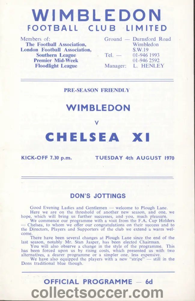 1970 - Wimbledon v Chelsea XI official programme 04/08/1970 - Collect Soccer