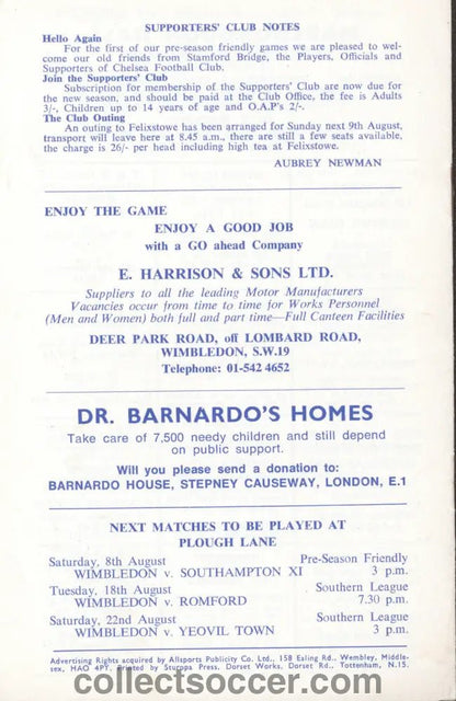 1970 - Wimbledon v Chelsea XI official programme 04/08/1970 - Collect Soccer