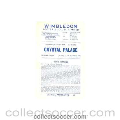 1970 - Wimbledon v Crystal Palace official programme 13/10/1970 - Collect Soccer