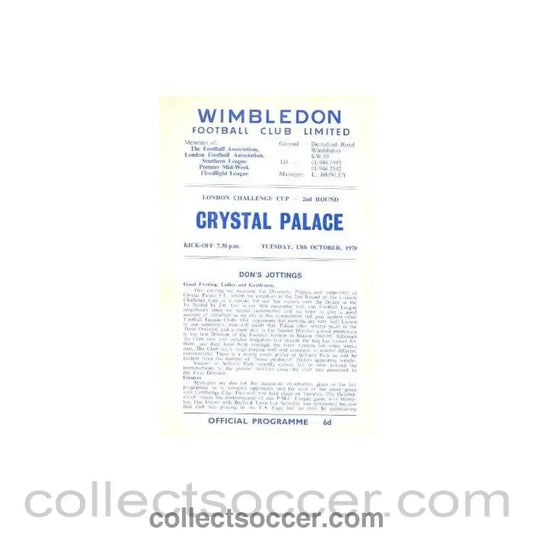 1970 - Wimbledon v Crystal Palace official programme 13/10/1970 - Collect Soccer