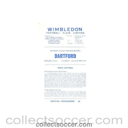 1970 - Wimbledon v Dartford official programme 12/12/1970 - Collect Soccer