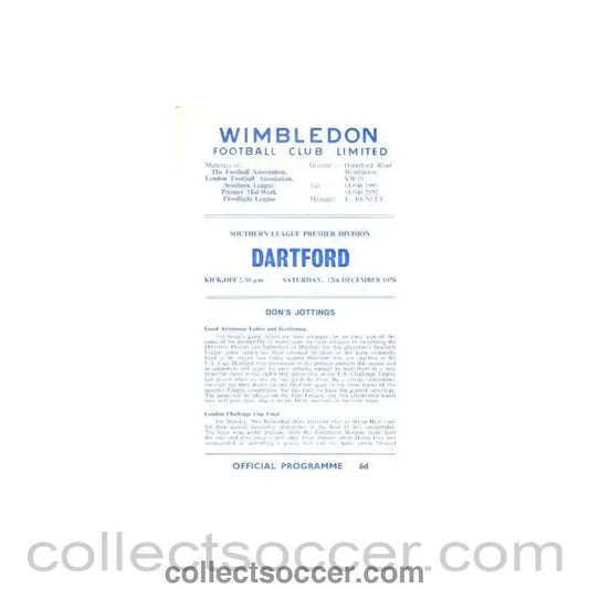 1970 - Wimbledon v Dartford official programme 12/12/1970 - Collect Soccer