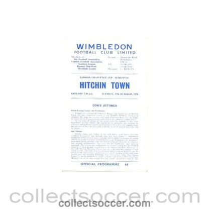 1970 - Wimbledon v Hitchin Town official programme 27/10/1970 - Collect Soccer