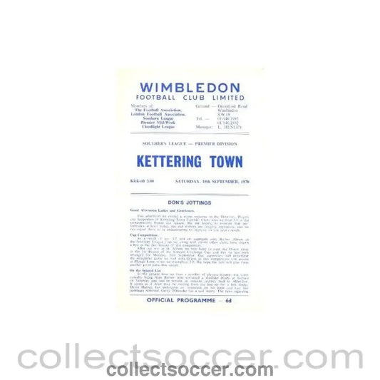 1970 - Wimbledon v Kettering Town official programme 19/09/1970 - Collect Soccer