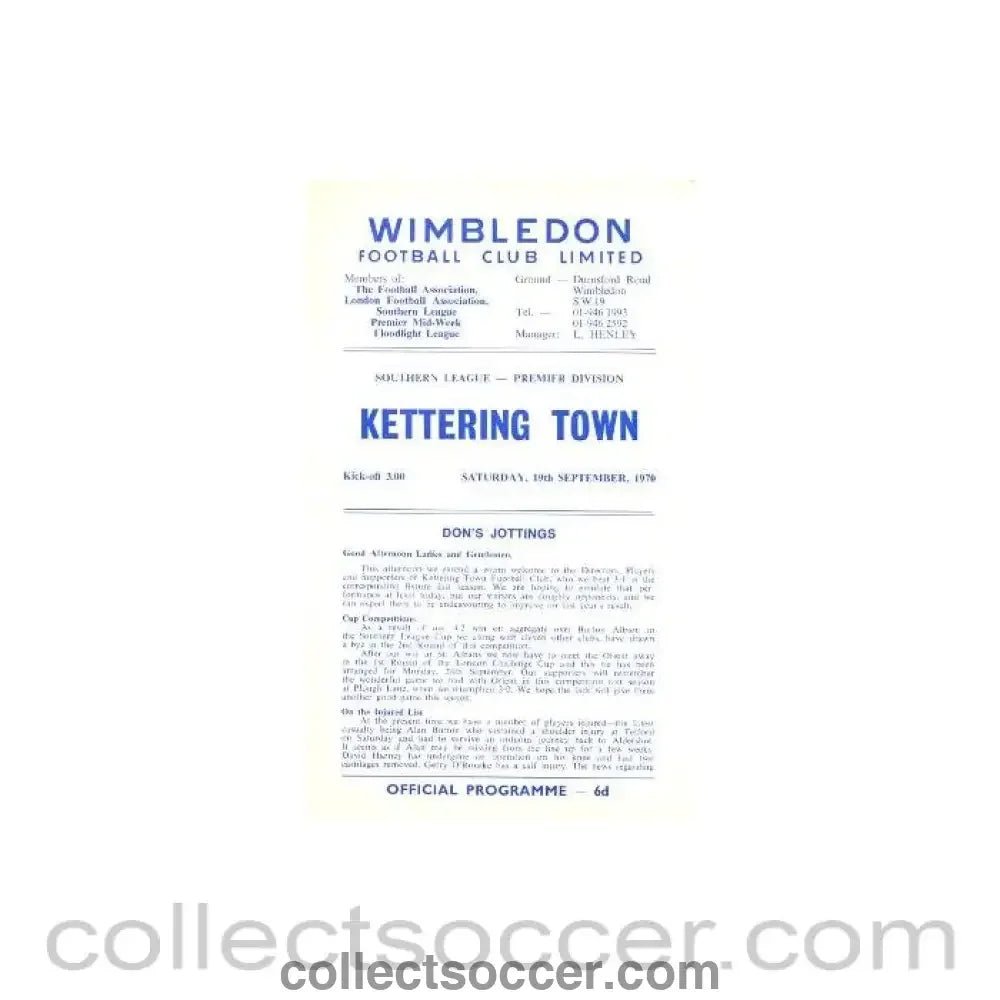 1970 - Wimbledon v Kettering Town official programme 19/09/1970 - Collect Soccer