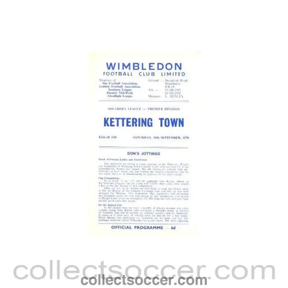 1970 - Wimbledon v Kettering Town official programme 19/09/1970 - Collect Soccer