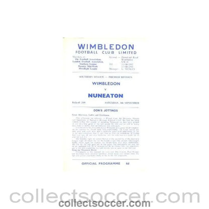 1970 - Wimbledon v Nuneaton official programme 05/09/1970 - Collect Soccer