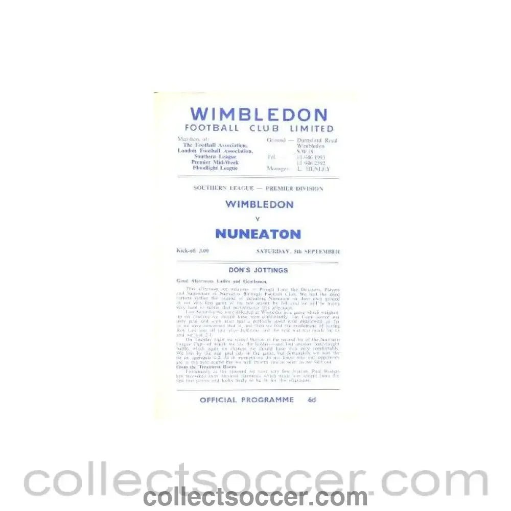 1970 - Wimbledon v Nuneaton official programme 05/09/1970 - Collect Soccer
