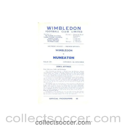 1970 - Wimbledon v Nuneaton official programme 05/09/1970 - Collect Soccer