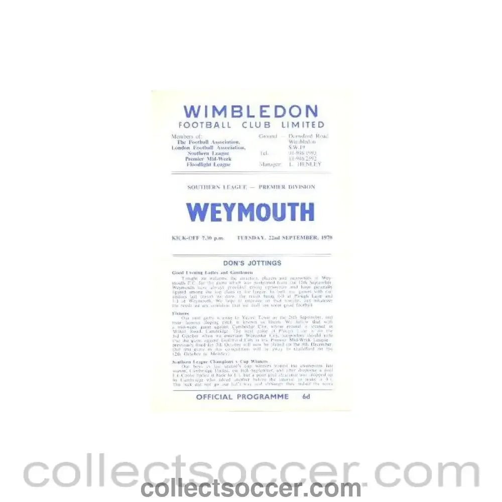 1970 - Wimbledon v Weymouth official programme 22/09/1970 - Collect Soccer