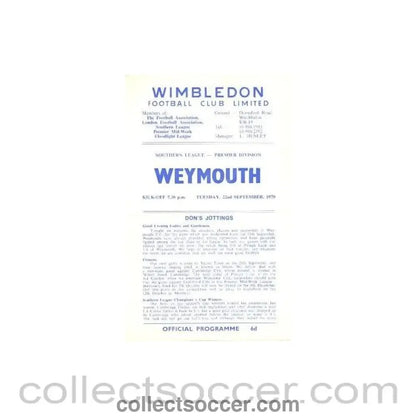 1970 - Wimbledon v Weymouth official programme 22/09/1970 - Collect Soccer