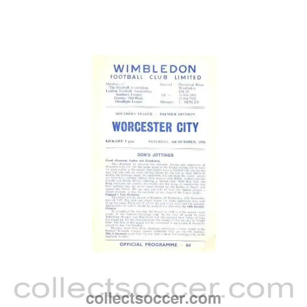 1970 - Wimbledon v Worchester official programme 03/10/1970 - Collect Soccer