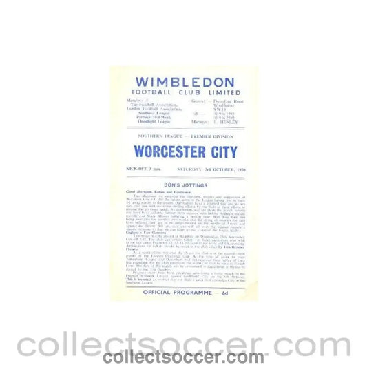 1970 - Wimbledon v Worchester official programme 03/10/1970 - Collect Soccer